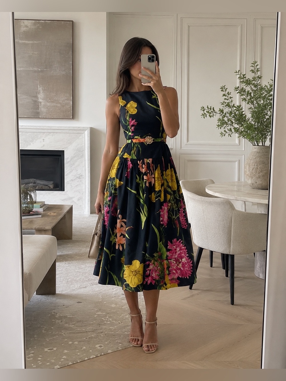 Karl Lagerfeld Paris Floral Cotton Midi Dress Navy Multi Sleeveless A-Line 8